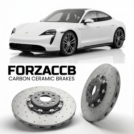 ForzaCCB direct OEM replacement carbon ceramic brake rotors for 2020 and newer Porsche Taycan Turbo S models, shown with a white Porsche Taycan Turbo S car.