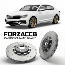ForzaCCB direct OEM replacement carbon ceramic brake rotors for 2024- Volkswagen Tayron DN models, shown with a white Volkswagen Tayron car.