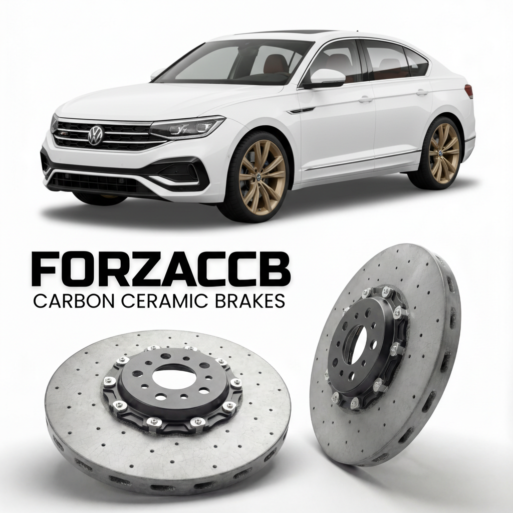 ForzaCCB direct OEM replacement carbon ceramic brake rotors for 2024- Volkswagen Tayron DN models, shown with a white Volkswagen Tayron car.