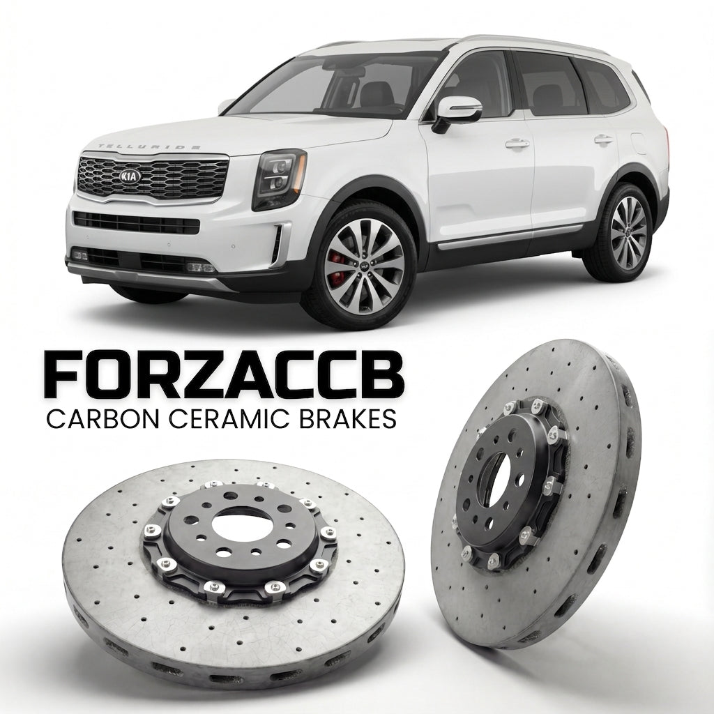 ForzaCCB direct OEM replacement carbon ceramic brake rotors for 2019 to 2023 Kia Telluride models, shown with a white Kia Telluride car.