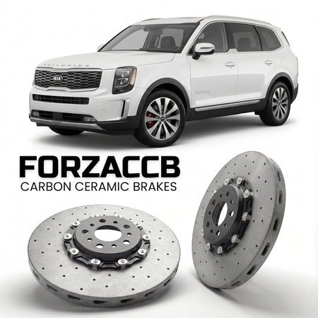 ForzaCCB direct OEM replacement carbon ceramic brake rotors for 2019 to 2023 Kia Telluride models, shown with a white Kia Telluride car.