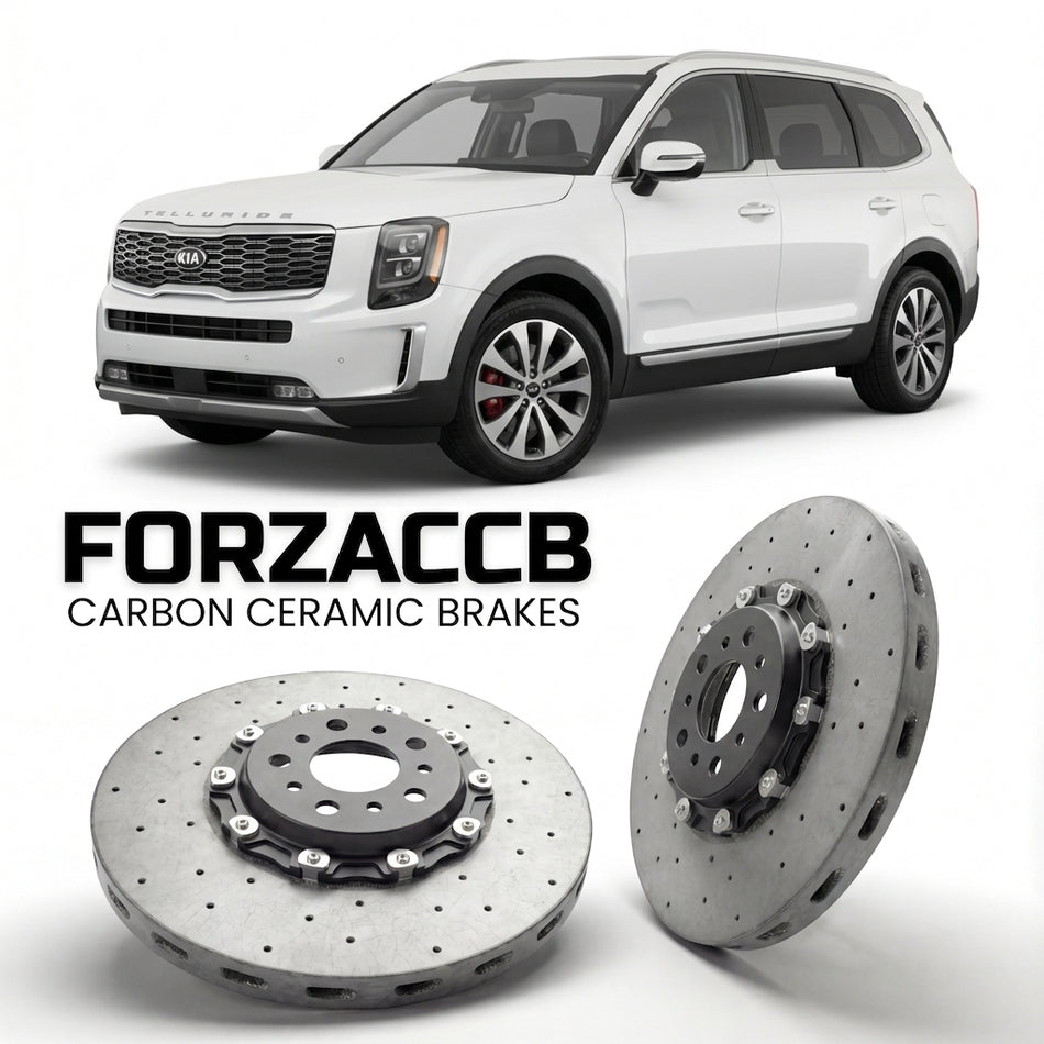 ForzaCCB direct OEM replacement carbon ceramic brake rotors for 2019 to 2023 Kia Telluride models, shown with a white Kia Telluride car.
