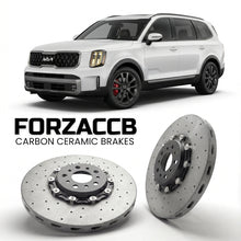 ForzaCCB direct OEM replacement carbon ceramic brake rotors for 2023-2026) Kia Telluride I (facelift 2023 models, shown with a white Kia Telluride car.