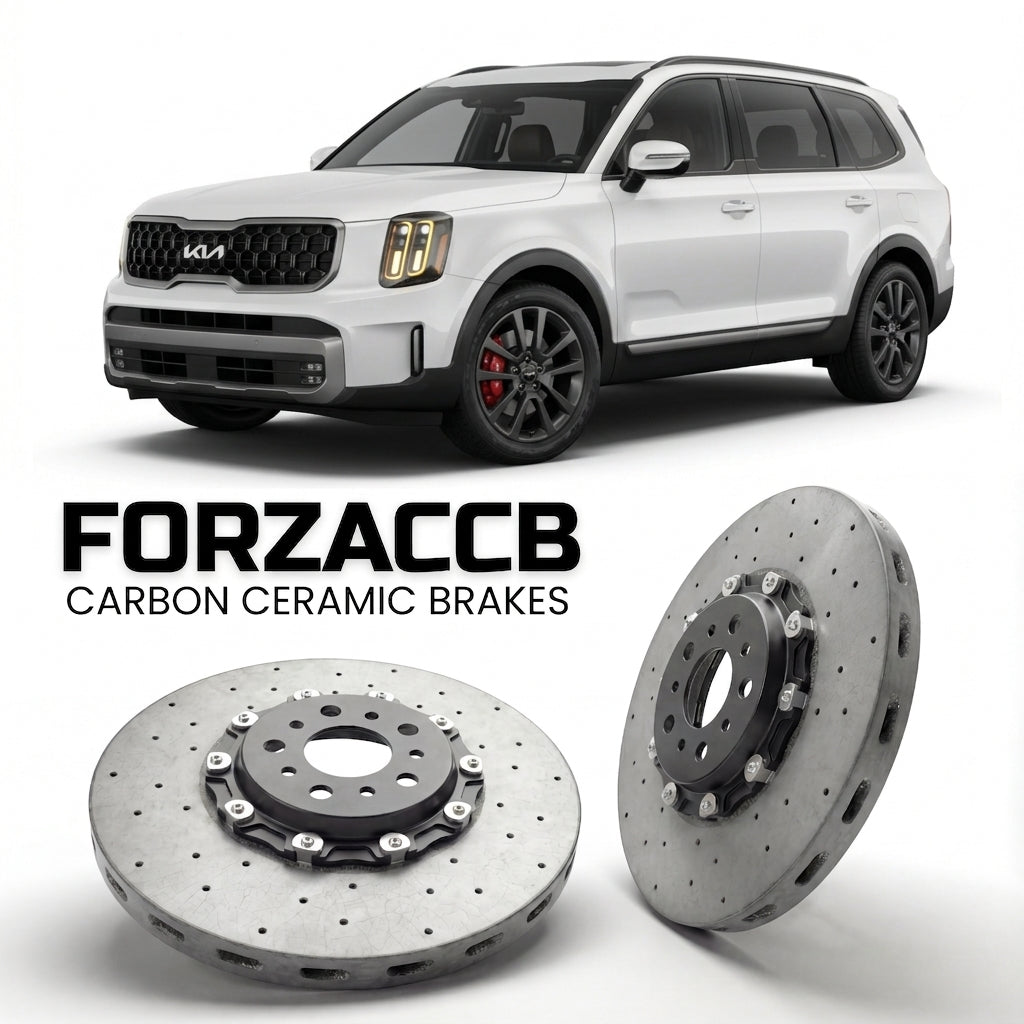 ForzaCCB direct OEM replacement carbon ceramic brake rotors for 2023-2026) Kia Telluride I (facelift 2023 models, shown with a white Kia Telluride car.