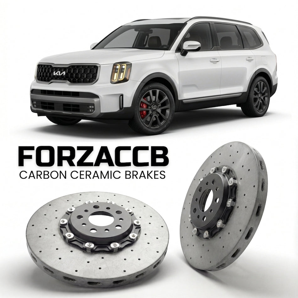 ForzaCCB direct OEM replacement carbon ceramic brake rotors for 2023-2026) Kia Telluride I (facelift 2023 models, shown with a white Kia Telluride car.
