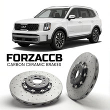 ForzaCCB direct OEM replacement carbon ceramic brake rotors for 2026 and newer Kia Telluride II models, shown with a white Kia Telluride car.