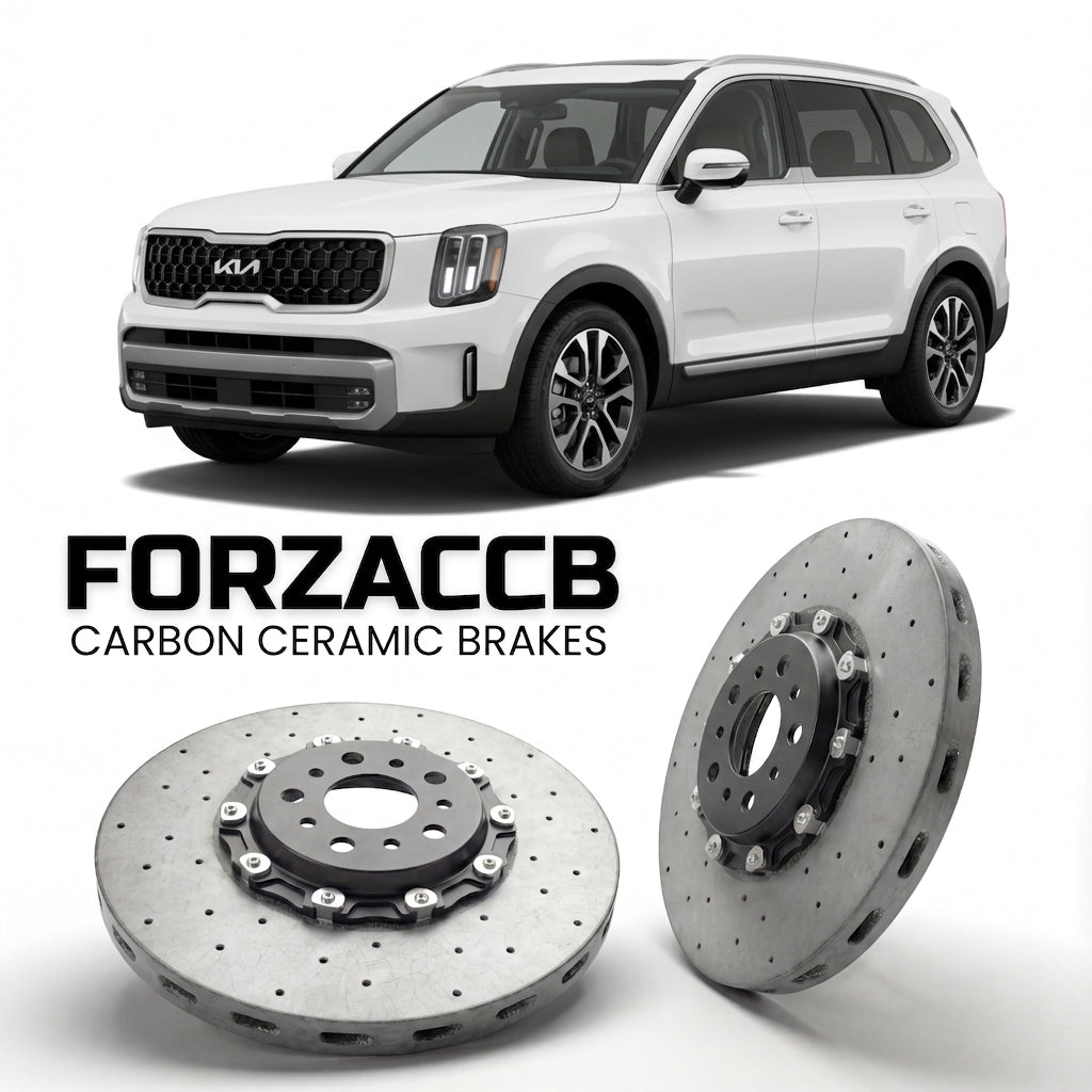 ForzaCCB direct OEM replacement carbon ceramic brake rotors for 2026 and newer Kia Telluride II models, shown with a white Kia Telluride car.