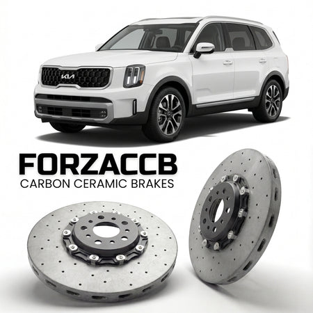 ForzaCCB direct OEM replacement carbon ceramic brake rotors for 2026 and newer Kia Telluride II models, shown with a white Kia Telluride car.