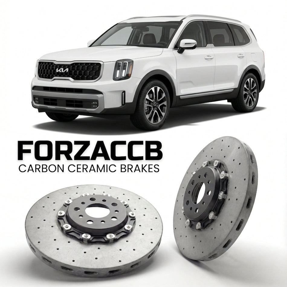 ForzaCCB direct OEM replacement carbon ceramic brake rotors for 2026 and newer Kia Telluride II models, shown with a white Kia Telluride car.