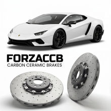 ForzaCCB direct OEM replacement carbon ceramic brake rotors for 2024 and newer Lamborghini Temerario models, shown with a white Lamborghini Temerario car.