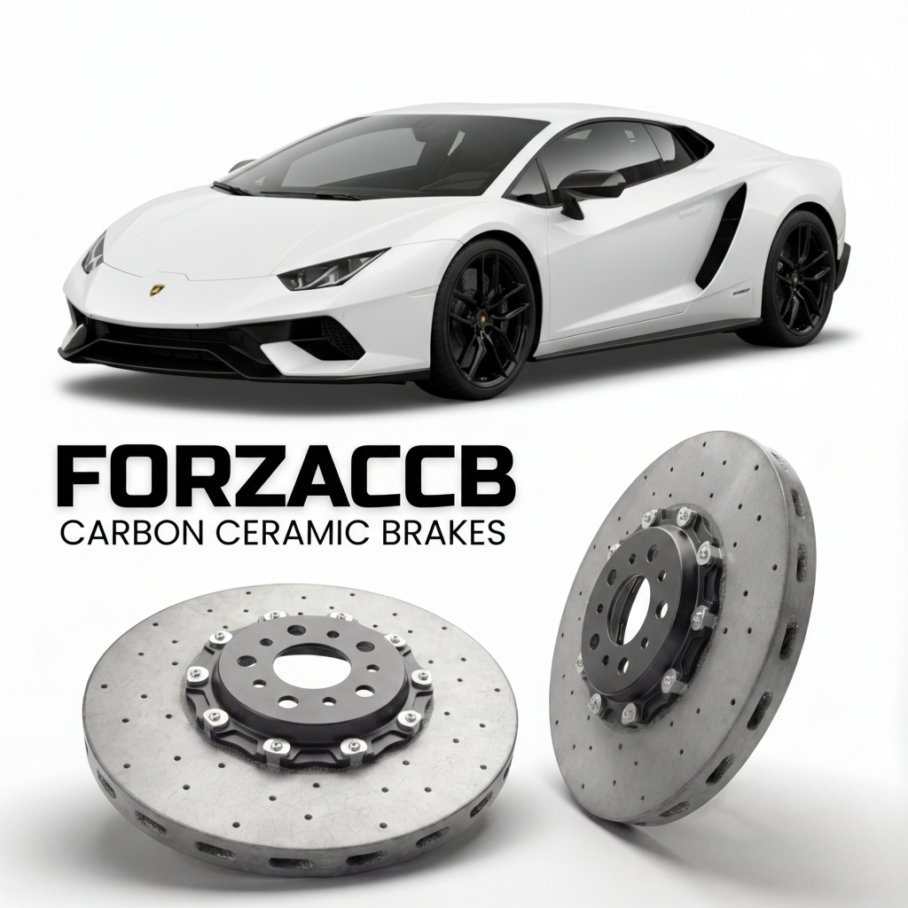 ForzaCCB direct OEM replacement carbon ceramic brake rotors for 2024 and newer Lamborghini Temerario models, shown with a white Lamborghini Temerario car.