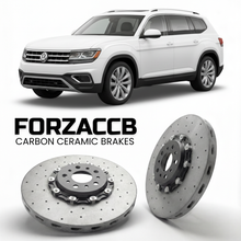 ForzaCCB direct OEM replacement carbon ceramic brake rotors for 2017- Volkswagen Teramont CA1 models, shown with a white Volkswagen Teramont car.