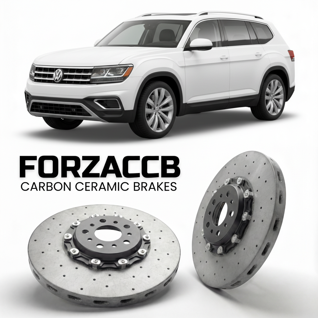 ForzaCCB direct OEM replacement carbon ceramic brake rotors for 2017- Volkswagen Teramont CA1 models, shown with a white Volkswagen Teramont car.