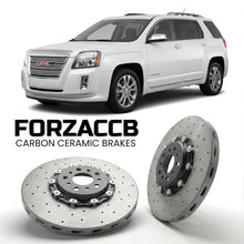 ForzaCCB direct OEM replacement carbon ceramic brake rotors for 2010 to 2015 GMC Terrain models, shown with a white GMC Terrain car.