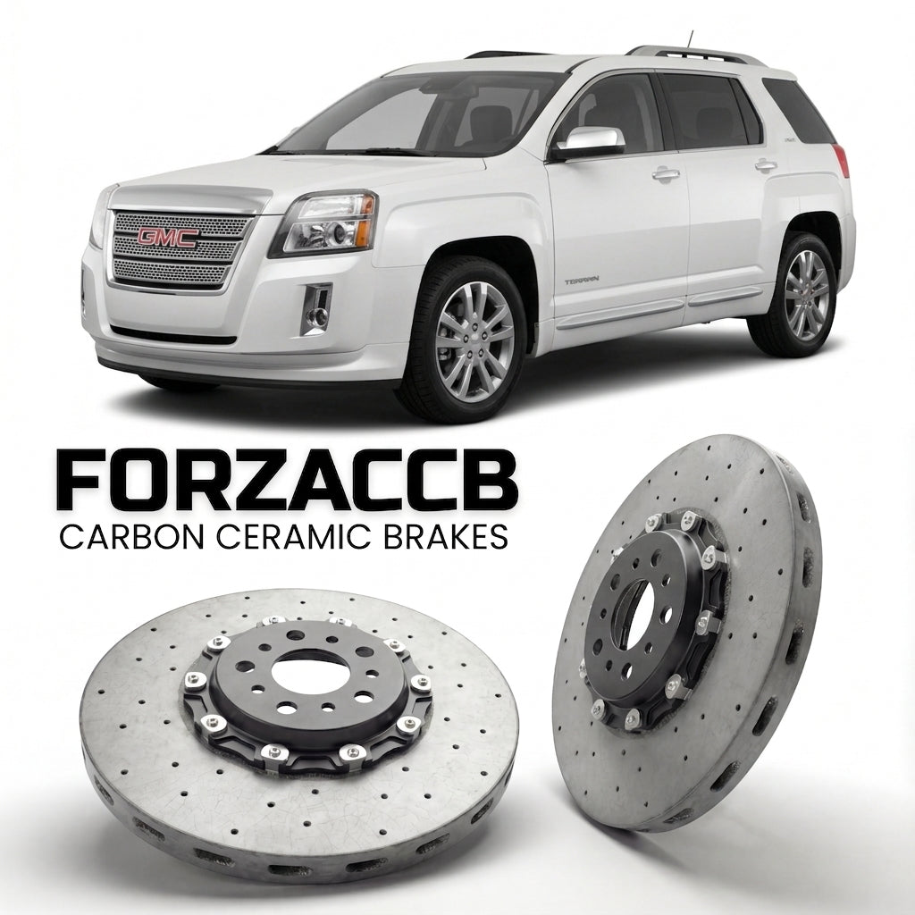 ForzaCCB direct OEM replacement carbon ceramic brake rotors for 2010 to 2015 GMC Terrain models, shown with a white GMC Terrain car.