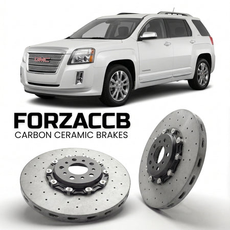 ForzaCCB direct OEM replacement carbon ceramic brake rotors for 2010 to 2015 GMC Terrain models, shown with a white GMC Terrain car.
