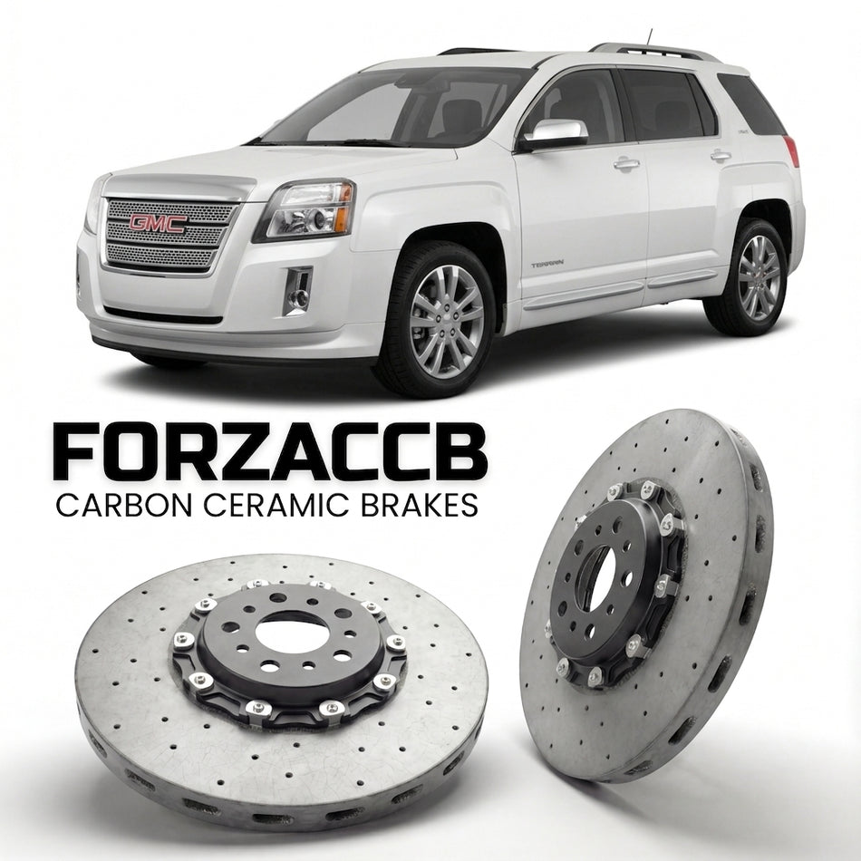 ForzaCCB direct OEM replacement carbon ceramic brake rotors for 2010 to 2015 GMC Terrain models, shown with a white GMC Terrain car.