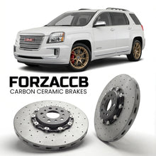 ForzaCCB direct OEM replacement carbon ceramic brake rotors for 2016-2017) GMC Terrain I (facelift 2016 models, shown with a white GMC Terrain car.