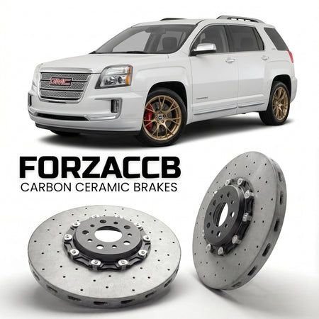ForzaCCB direct OEM replacement carbon ceramic brake rotors for 2016-2017) GMC Terrain I (facelift 2016 models, shown with a white GMC Terrain car.