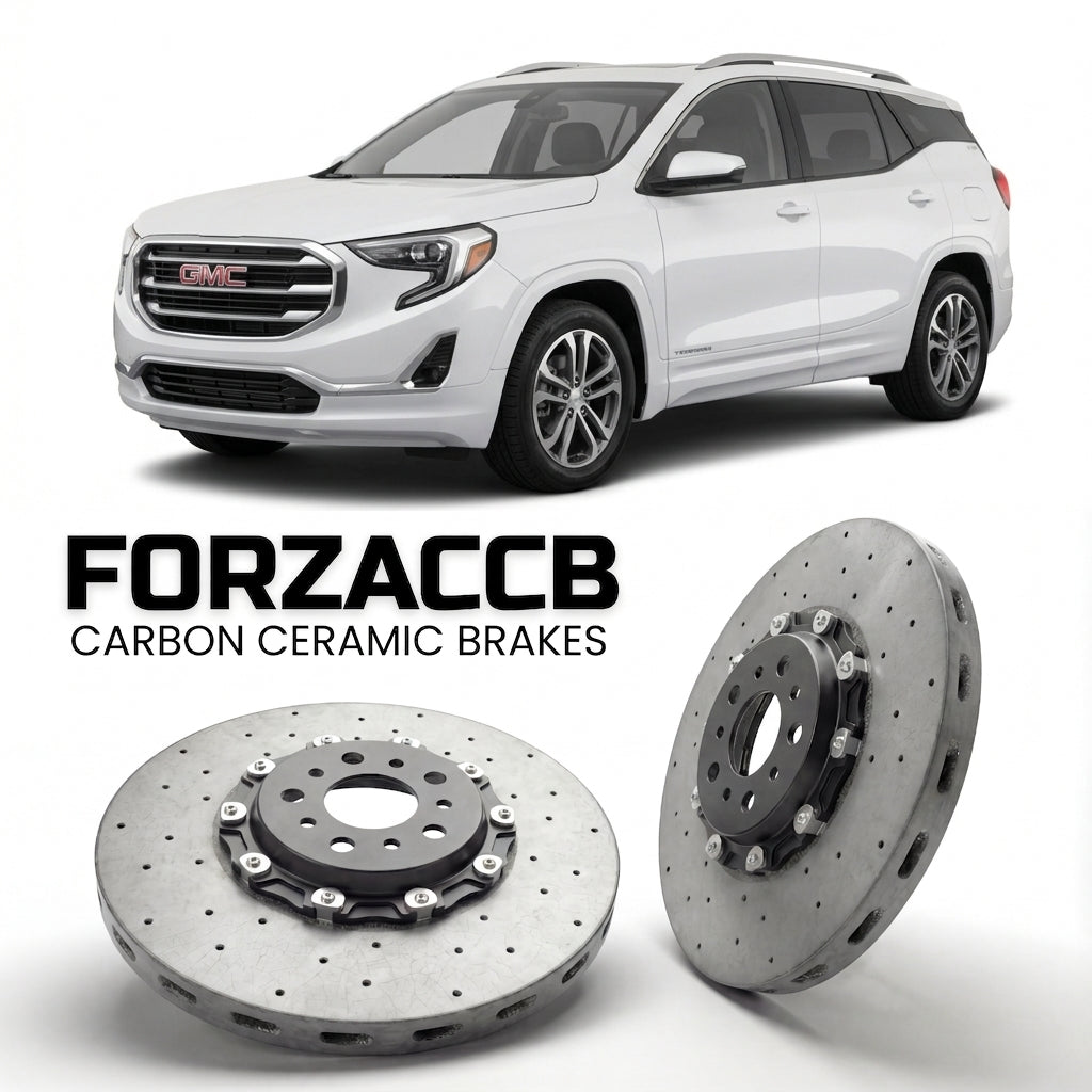 ForzaCCB direct OEM replacement carbon ceramic brake rotors for 2017 to 2021 GMC Terrain II models, shown with a white GMC Terrain car.