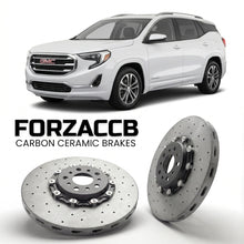 ForzaCCB direct OEM replacement carbon ceramic brake rotors for 2017 to 2021 GMC Terrain II models, shown with a white GMC Terrain car.