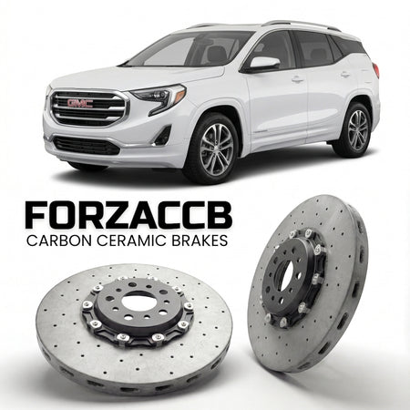 ForzaCCB direct OEM replacement carbon ceramic brake rotors for 2017 to 2021 GMC Terrain II models, shown with a white GMC Terrain car.