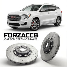 ForzaCCB direct OEM replacement carbon ceramic brake rotors for 2021-2024) GMC Terrain II (facelift 2022 models, shown with a white GMC Terrain car.