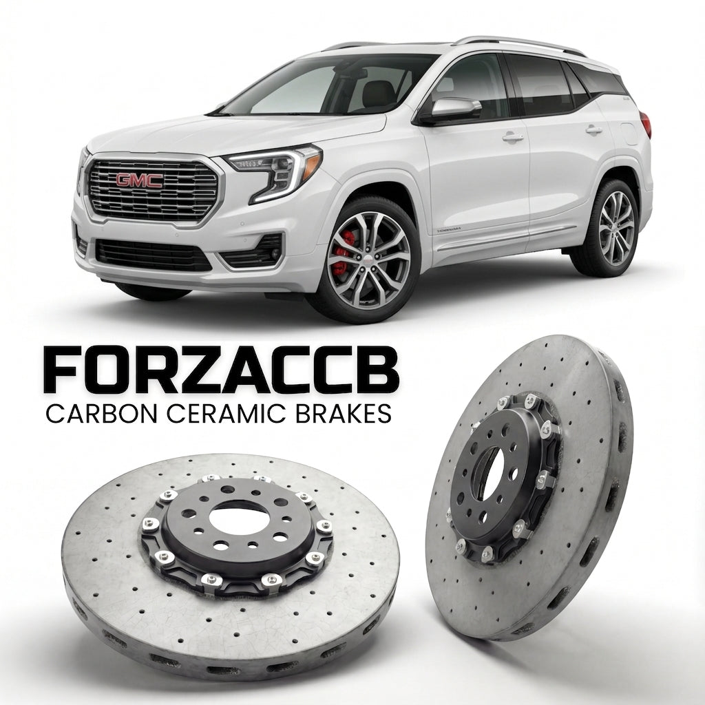 ForzaCCB direct OEM replacement carbon ceramic brake rotors for 2021-2024) GMC Terrain II (facelift 2022 models, shown with a white GMC Terrain car.