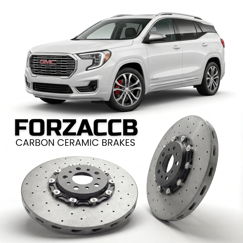 ForzaCCB direct OEM replacement carbon ceramic brake rotors for 2021-2024) GMC Terrain II (facelift 2022 models, shown with a white GMC Terrain car.