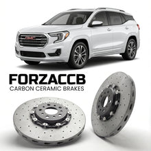ForzaCCB direct OEM replacement carbon ceramic brake rotors for 2024 and newer GMC Terrain III models, shown with a white GMC Terrain car.