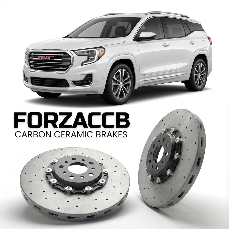 ForzaCCB direct OEM replacement carbon ceramic brake rotors for 2024 and newer GMC Terrain III models, shown with a white GMC Terrain car.
