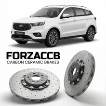 ForzaCCB direct OEM replacement carbon ceramic brake rotors for 2018 to 2022 Ford Territory models, shown with a white Ford Territory car.