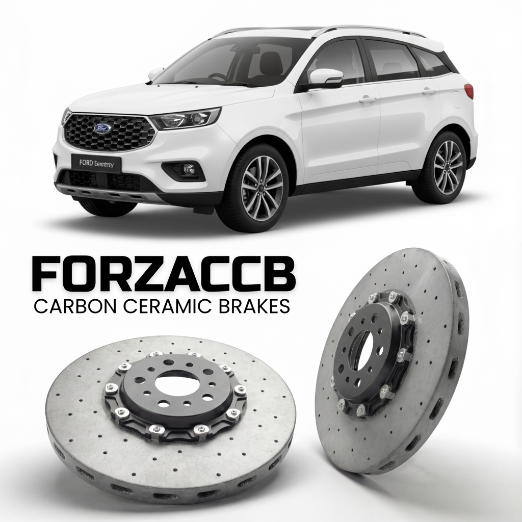 ForzaCCB direct OEM replacement carbon ceramic brake rotors for 2018 to 2022 Ford Territory models, shown with a white Ford Territory car.