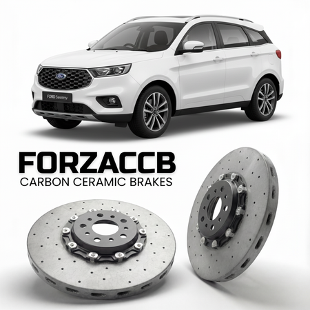 ForzaCCB direct OEM replacement carbon ceramic brake rotors for 2018 to 2022 Ford Territory models, shown with a white Ford Territory car.