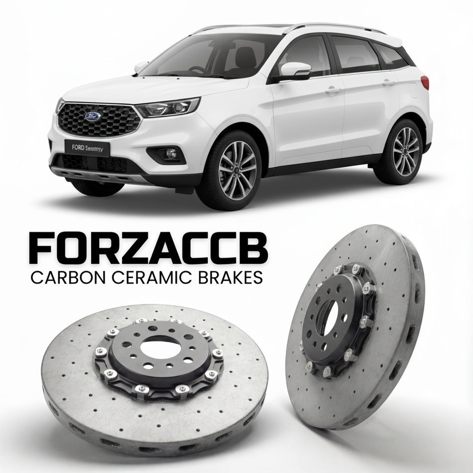 ForzaCCB direct OEM replacement carbon ceramic brake rotors for 2018 to 2022 Ford Territory models, shown with a white Ford Territory car.