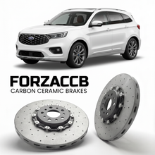 ForzaCCB direct OEM replacement carbon ceramic brake rotors for 2025+) Ford Territory Ford Territoty II (facelift 2025 models, shown with a white Ford Territory car.