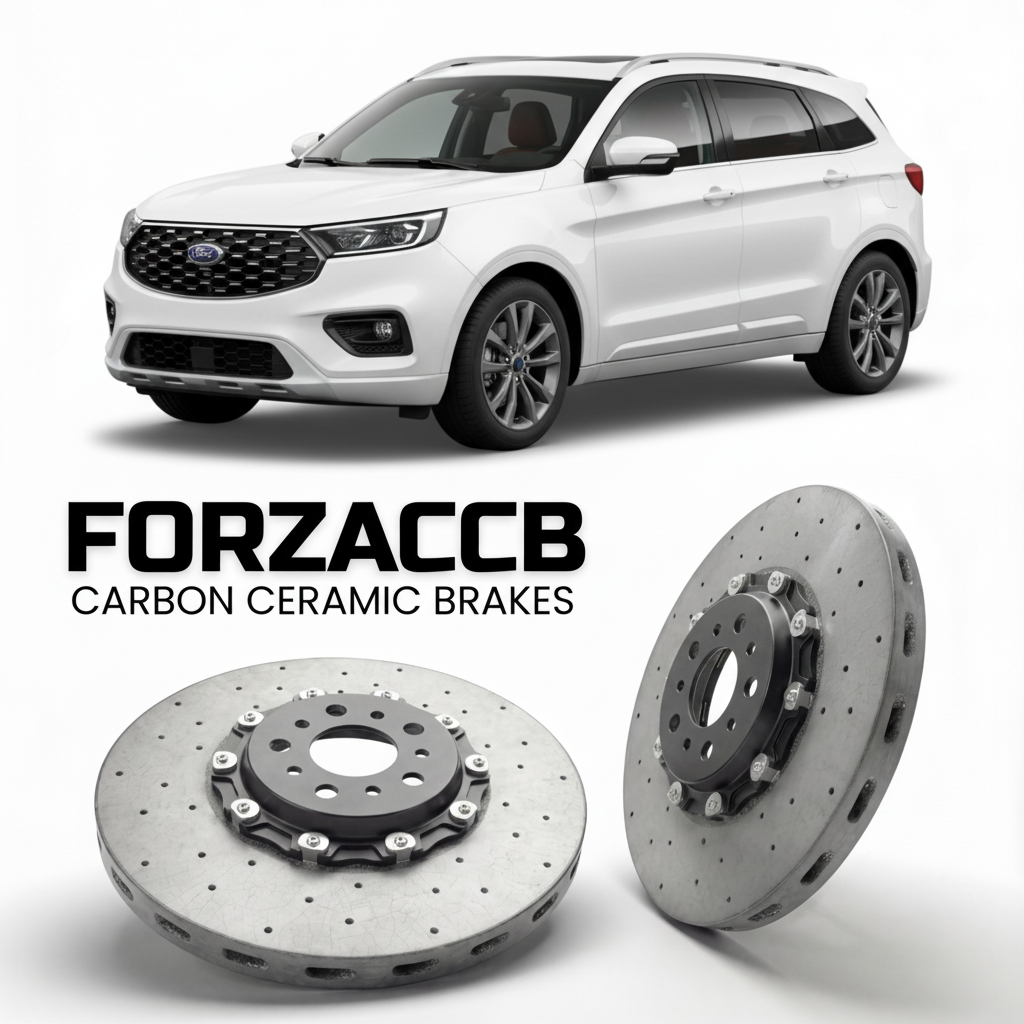 ForzaCCB direct OEM replacement carbon ceramic brake rotors for 2025+) Ford Territory Ford Territoty II (facelift 2025 models, shown with a white Ford Territory car.
