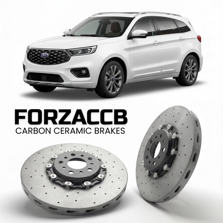 ForzaCCB direct OEM replacement carbon ceramic brake rotors for 2025+) Ford Territory Ford Territoty II (facelift 2025 models, shown with a white Ford Territory car.