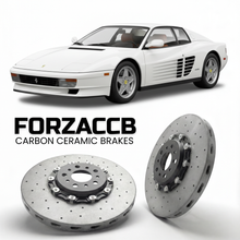 ForzaCCB direct OEM replacement carbon ceramic brake rotors for 1984 to 1992 Ferrari Testarossa models, shown with a white Ferrari Testarossa car.