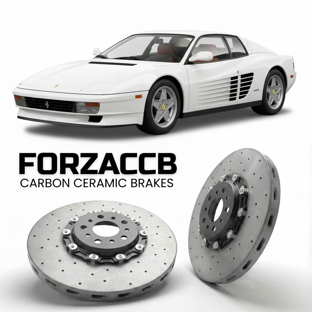 ForzaCCB direct OEM replacement carbon ceramic brake rotors for 1984 to 1992 Ferrari Testarossa models, shown with a white Ferrari Testarossa car.