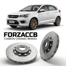 ForzaCCB direct OEM replacement carbon ceramic brake rotors for 2016 to 2021 Chery Tiggo 2 models, shown with a white Chery Tiggo 2 car.