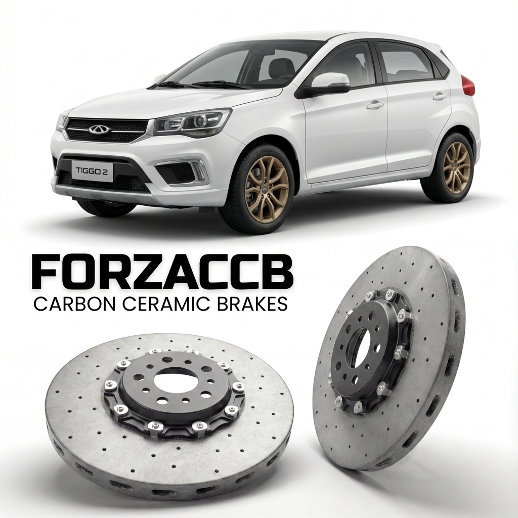 ForzaCCB direct OEM replacement carbon ceramic brake rotors for 2016 to 2021 Chery Tiggo 2 models, shown with a white Chery Tiggo 2 car.
