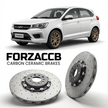 ForzaCCB direct OEM replacement carbon ceramic brake rotors for 2016 to 2021 Chery Tiggo 2 models, shown with a white Chery Tiggo 2 car.