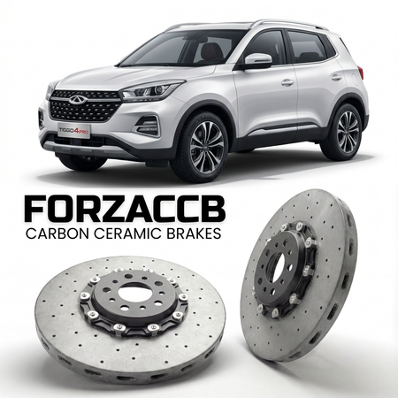 ForzaCCB direct OEM replacement carbon ceramic brake rotors for 2024 to 2025 Chery Tiggo 4 Pro models, shown with a white Chery Tiggo 4 car.