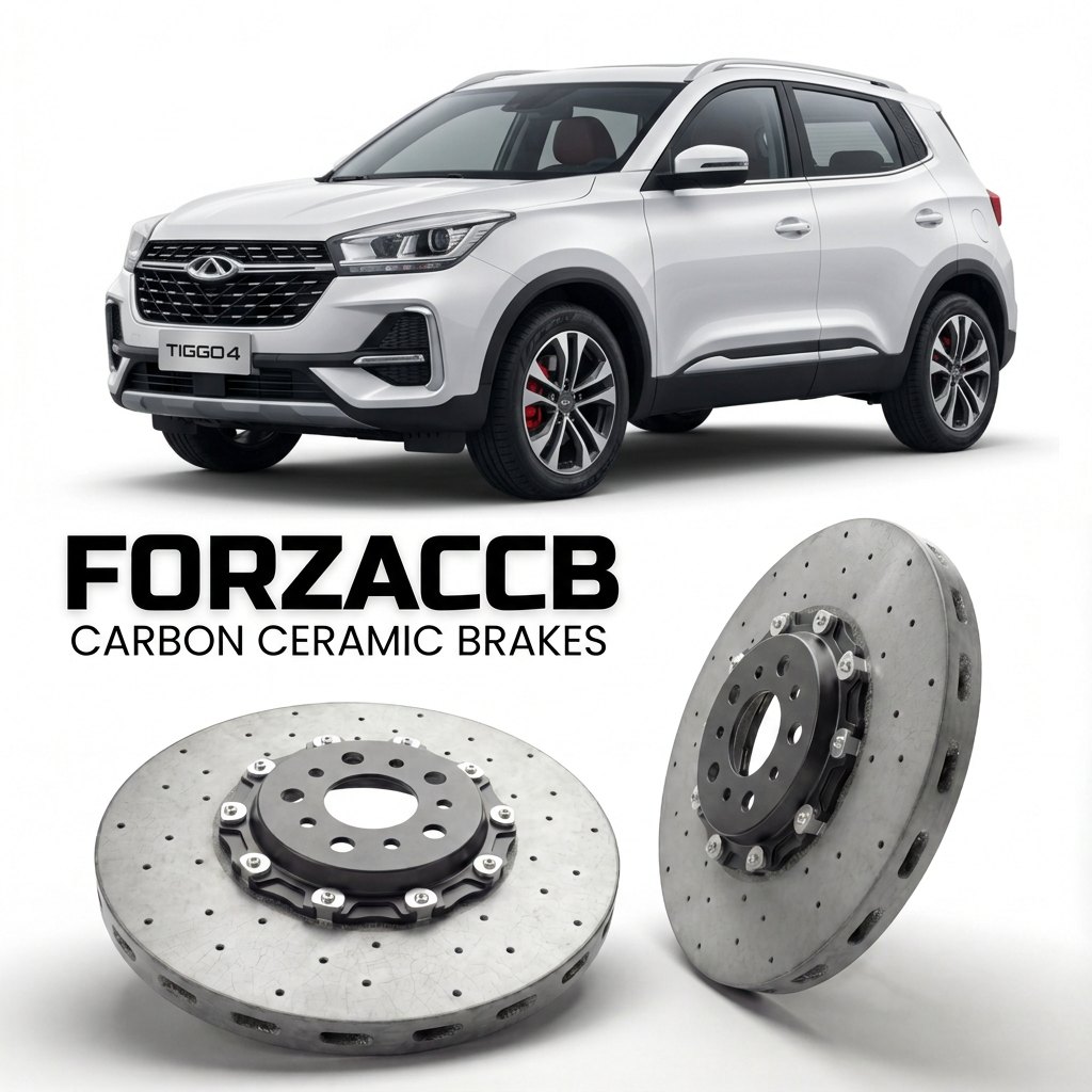 ForzaCCB direct OEM replacement carbon ceramic brake rotors for 2025 and newer Chery Tiggo 4 facelift 2025 models, shown with a white Chery Tiggo 4 car.