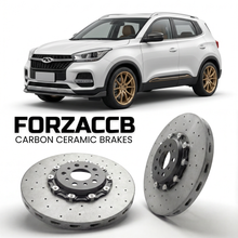 ForzaCCB direct OEM replacement carbon ceramic brake rotors for 2017 to 2019 Chery Tiggo 5x models, shown with a white Chery Tiggo 5x car.