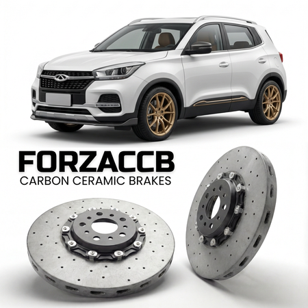 ForzaCCB direct OEM replacement carbon ceramic brake rotors for 2017 to 2019 Chery Tiggo 5x models, shown with a white Chery Tiggo 5x car.