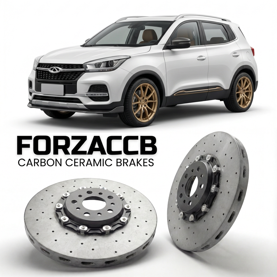 ForzaCCB direct OEM replacement carbon ceramic brake rotors for 2017 to 2019 Chery Tiggo 5x models, shown with a white Chery Tiggo 5x car.