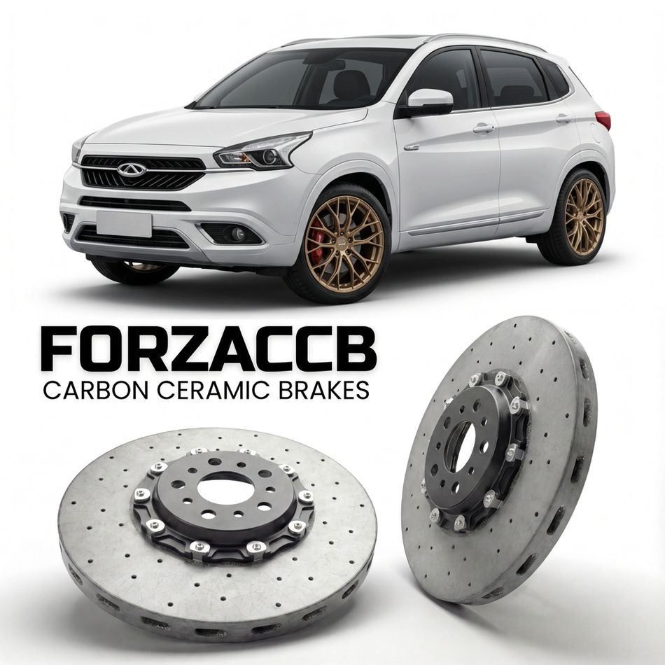 ForzaCCB direct OEM replacement carbon ceramic brake rotors for 2016 to 2018 Chery Tiggo 7 models, shown with a white Chery Tiggo 7 car.