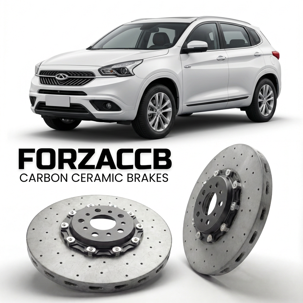 ForzaCCB direct OEM replacement carbon ceramic brake rotors for 2018-2020) Chery Tiggo 7 I (facelift 2018 models, shown with a white Chery Tiggo 7 car.